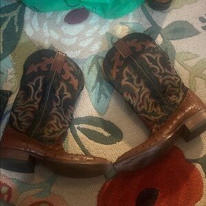 Justin Boots Brown and Black Western Cowboy Boots with Embroidered Shaft